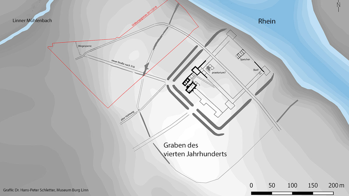Im weiten Bogen um das römische Kastell wurde ein Graben für ein Feldlager ausgehoben. Grafik: Dr. hans-Pter Schletter, Museum Burg Linn 