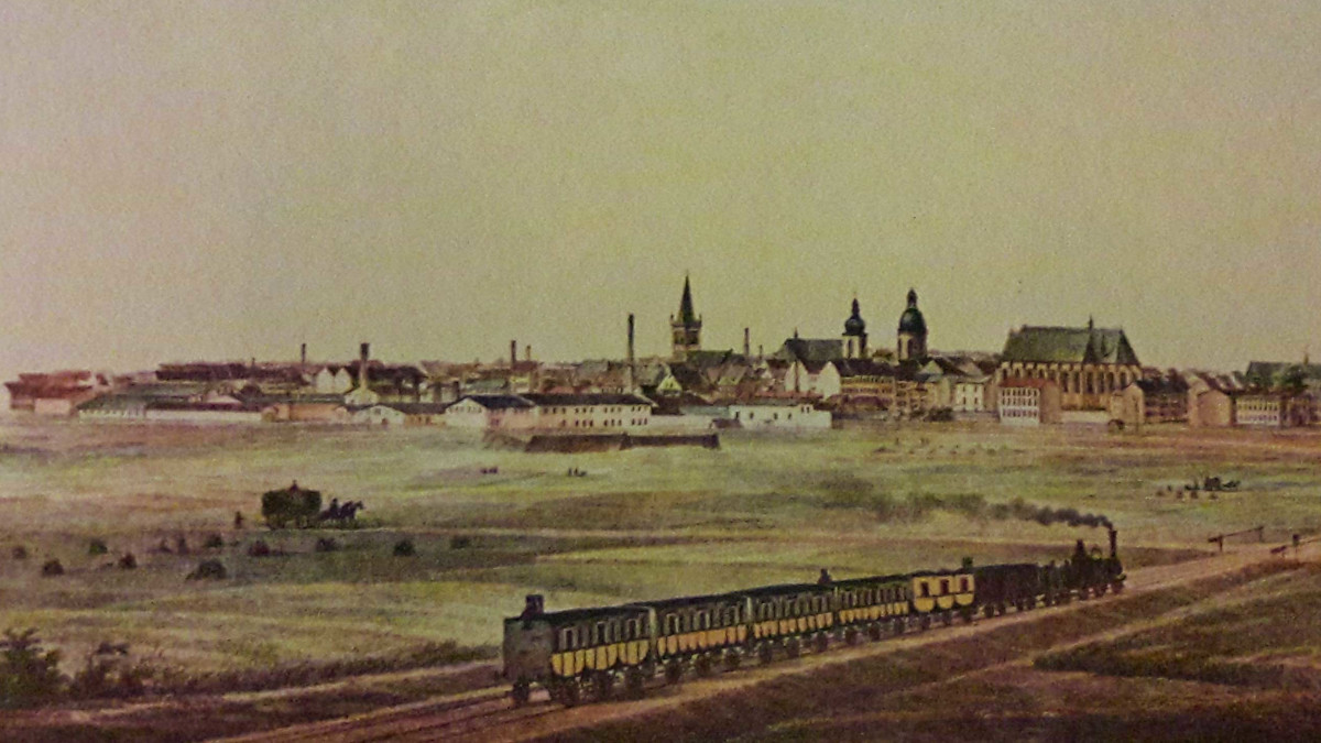 Ansicht Mitte des 19. Jahrhunderts. "Rheinische Bahn" von Köln über Neuss nach Krefeld. Bild: Stadt Krefeld, Presse und Kommunikation
