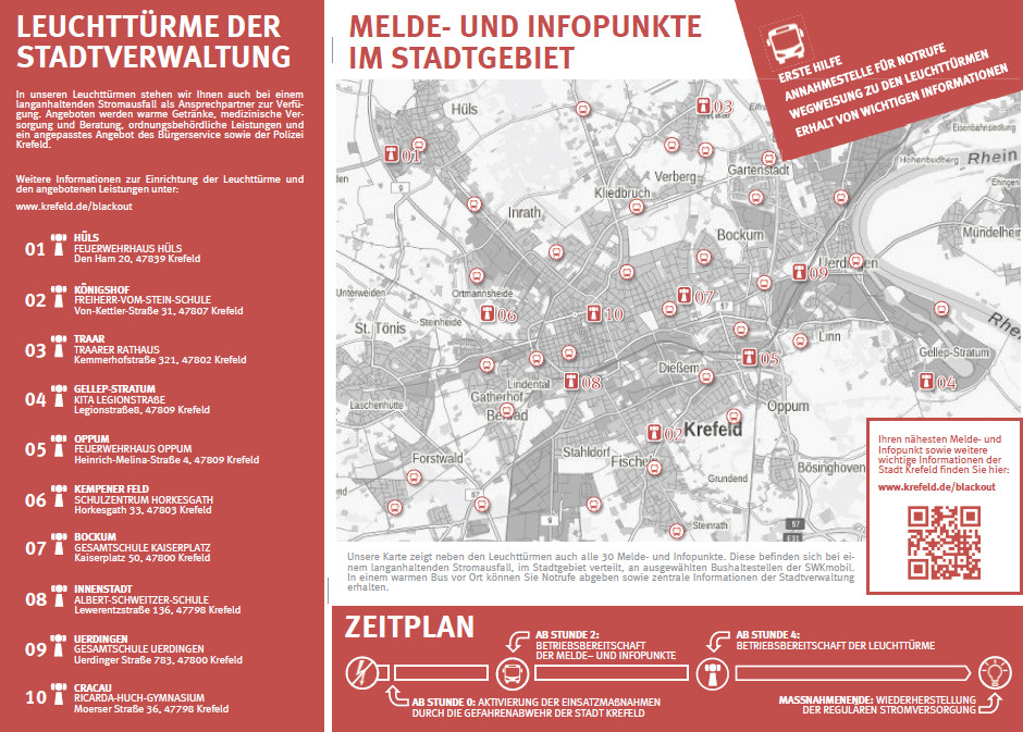 Melde und Infopunkte im Stadtgebiet bei einem Blackout. Bild: Stadt Krefeld, Presse und Kommunikation