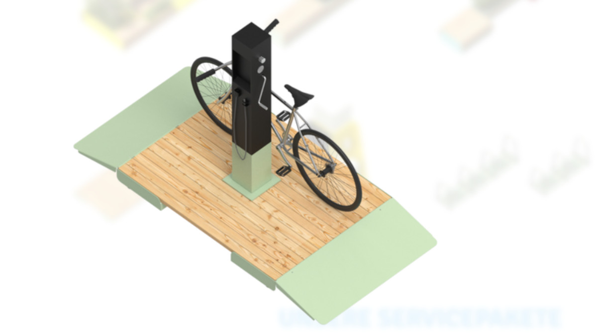 Modellzeichnung einer Fahradservicestelle mit Pumpstation. Zwei Anlagen werden zunächst in der City aufgestellt.Grafik: City Decks