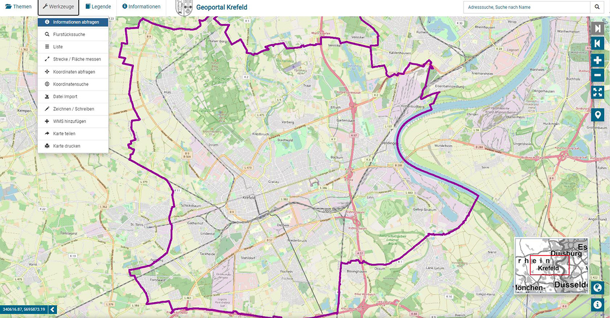 Startseite des Geoportal der Stadt Krefeld.  Foto: Stadt Krefeld, Presse und Kommunikation