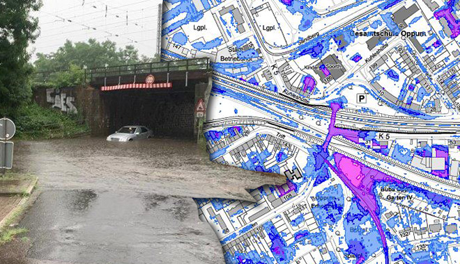 Überschwemmte Straße und Ausschnitt aus der Karte