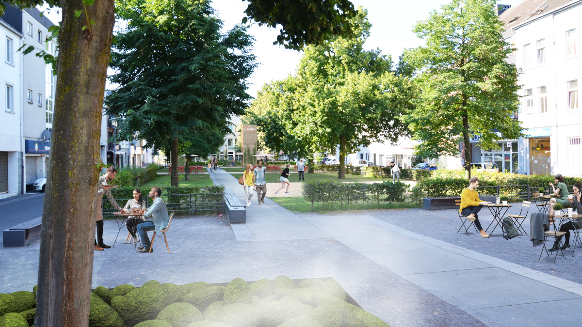 Auf dem Willy-Göldenbachs-Platz könnten ein Fahrradhaus und eine öffentliche Toilette entstehen. Animation: Stadt Krefeld, Stadtmarketing