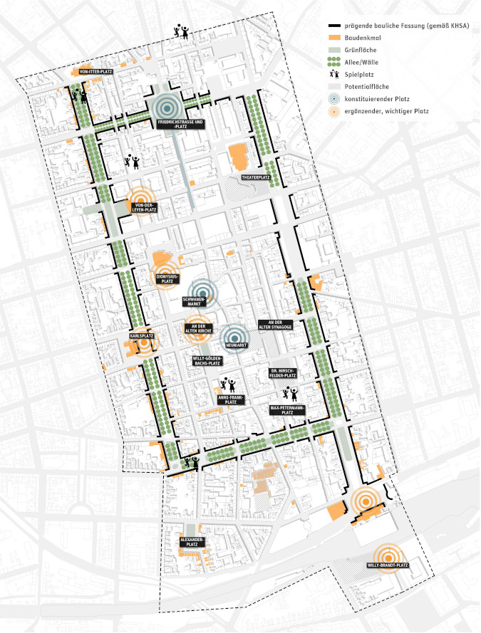 Die Wälle-Struktur und die vielen Plätze sind eine Chance für die Innenstadt. Sie sollen in den nächsten Jahrzehnten städtebaulich entwickelt werden.  Grafik: Pesch Partner
