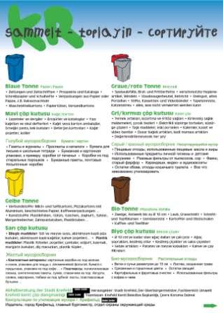 Plakat mit dem Krefelder Abfall-Sammelsystem in deutscher, türkischer und russischer Sprache