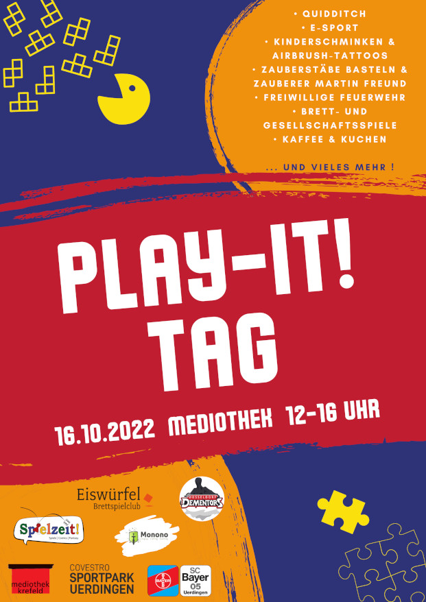 Ankündigung zum Play-It! Tag in der Mediothek. Grafik: Stadt Krefeld, Mediothek