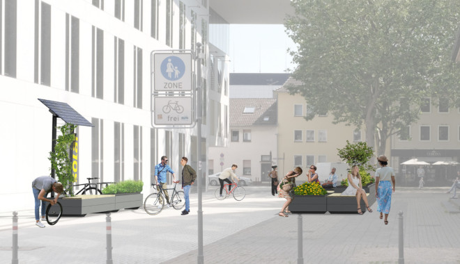 Die Animation eines Modells gibt bereits eine Idee, wie sich das Mobile Grün im Krefelder Stadtbild darstellen könnte.Foto: Hochschule Niederrhein – SOUND