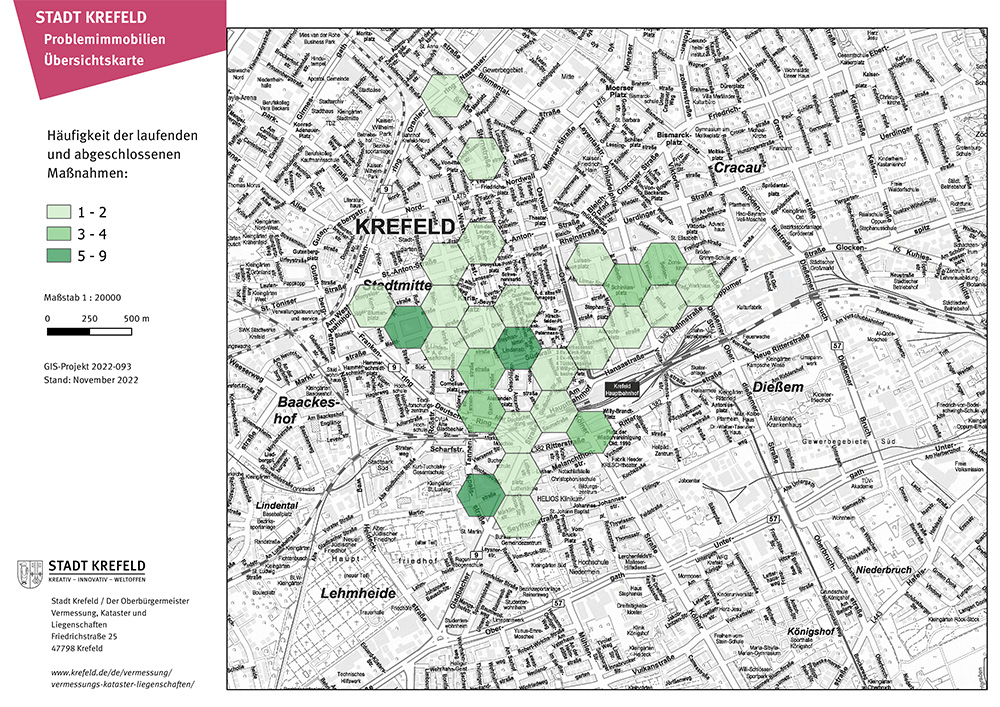 Hier wurden bereits Maßnahmen an Problemimmobilien abgeschlossen. Grafik: Stadt Krefeld, Stadt- und Verkehrsplanung