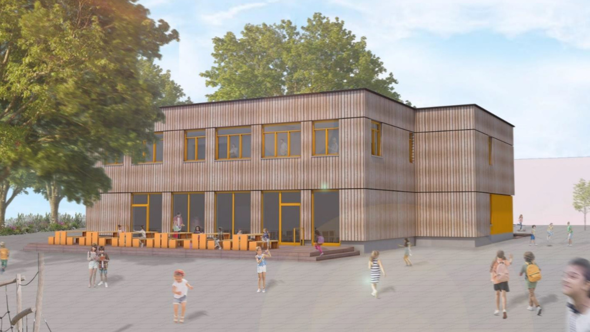 Die Gemeinschaftsgrundschule Buscher Holzweg soll mit einem Neubau erweitert werden. Fotos: Stadt Krefeld