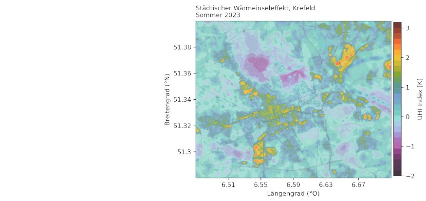 Diese Karte stellt den städtischen Wärmeinseleffekt in Krefeld dar.