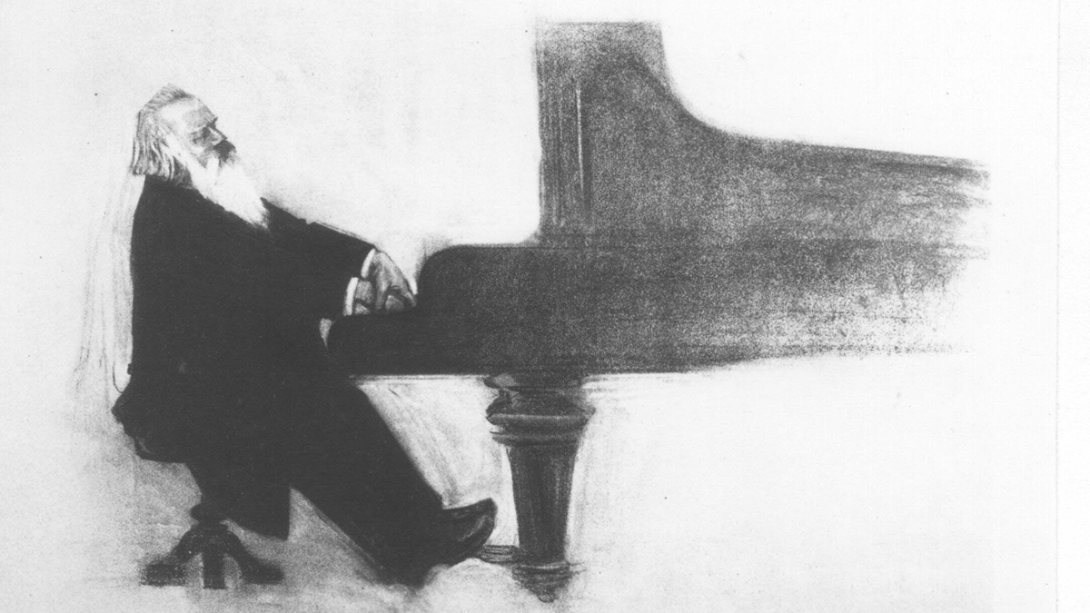 Die Abbildung zeigt Brahms am Flügel nach einer Zeichnung von Willy von Beckerath.