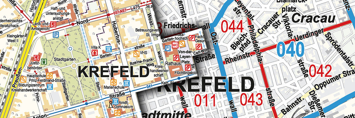 Ausschnitt aus der Innenstadtkarte Krefeld und der Übersichtskarte mit Bezirksgrenzen
