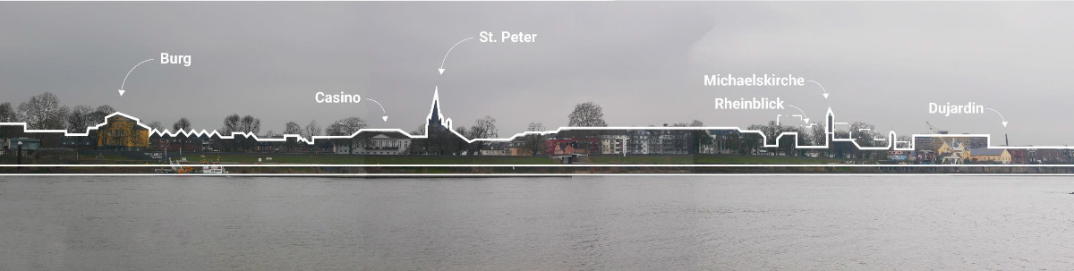 Die Silhouette Uerdingens war bislang noch nicht Schutzgegenstand. Diese ist aber maßgeblich bei der Beurteilung von Bauvorhaben in der Umgebung des Denkmalbereichs.Grafik: Stadt Krefeld, Stadt- und Verkehrsplanung