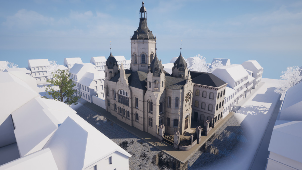 Eindrücke wie aus einem Computerspiel: So hat man die Burg Linn und die Alte Synagoge noch nicht gesehen.Grafik: Die Weltenweberei
