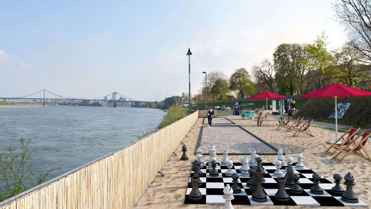 Schach und Boule sollen an den Rhein locken. Animation: Stadt Krefeld, Stadtmarketing