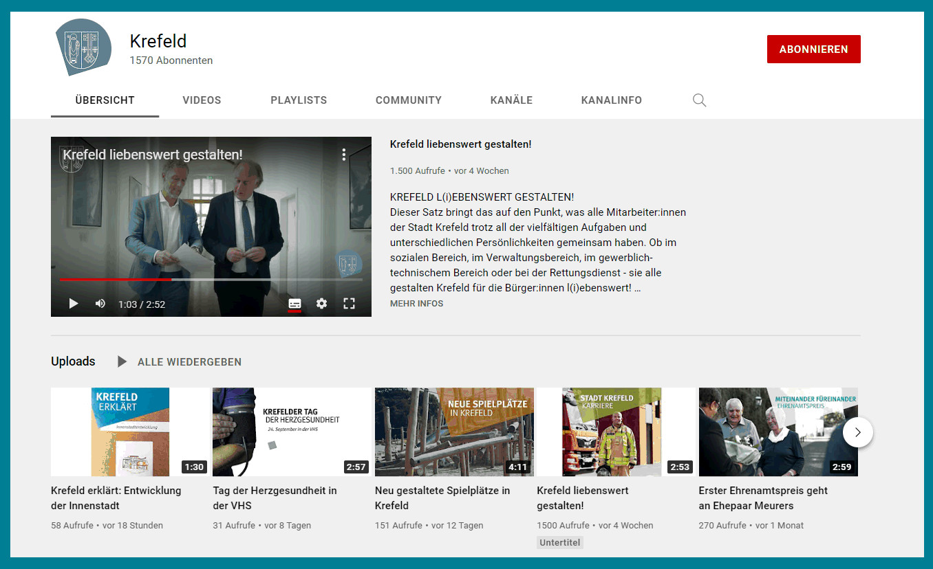 Der Youtube-Kanal der Stadt Krefeld.