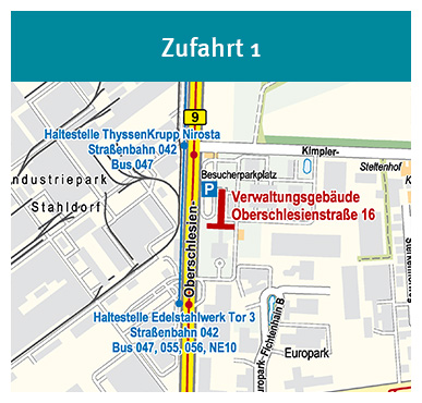 Umgebungskarte des Verwaltungsgebäudes mit Haltestellen und Besucherparkplatz